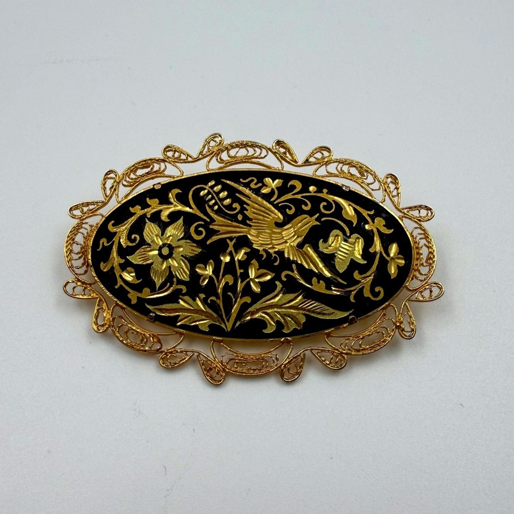Vintage Damascene Toledo Spain Brooch 24K Gold Inlay Bird Floral Filigree Oval